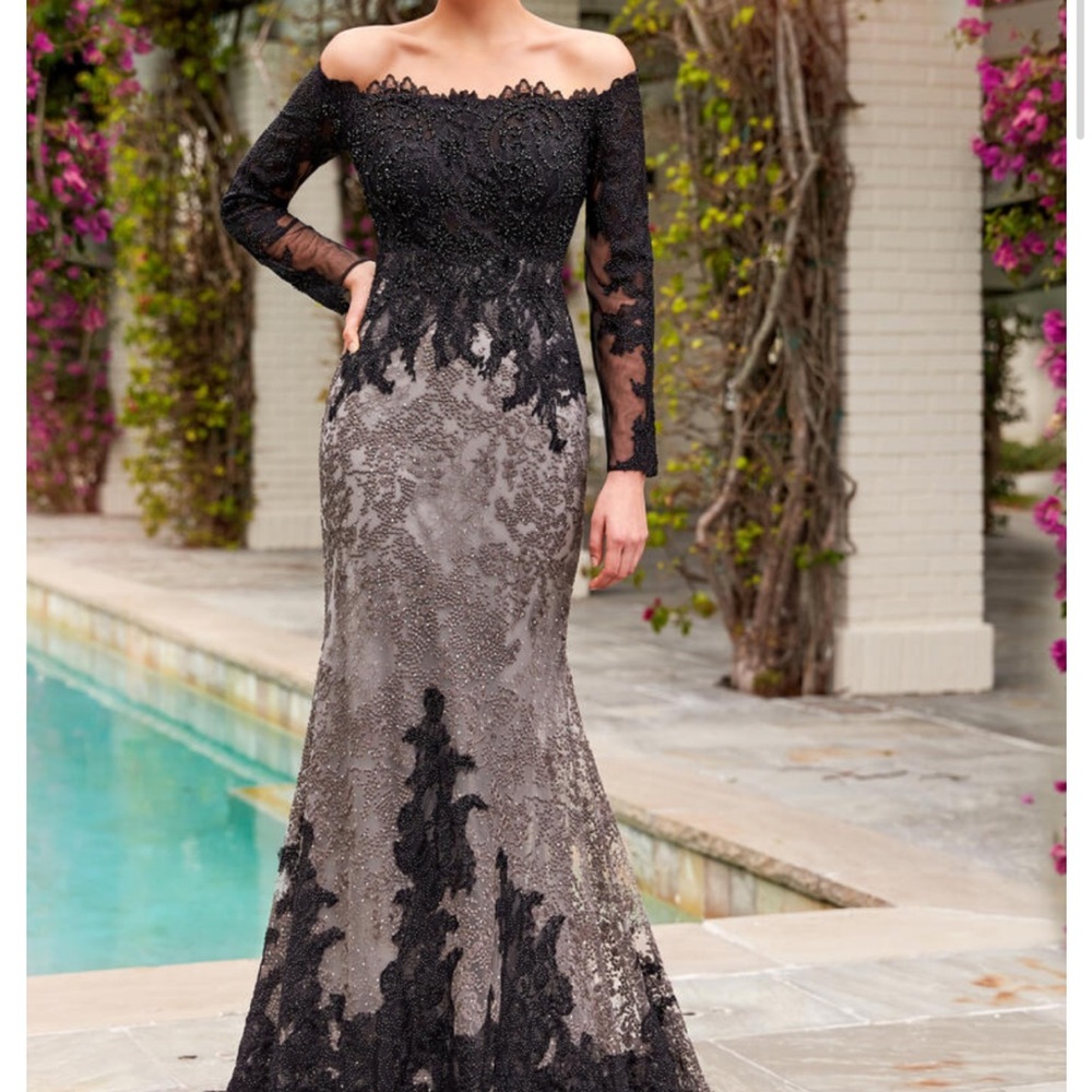 Mon Cheri Black and Gray Long Sleeve Gown